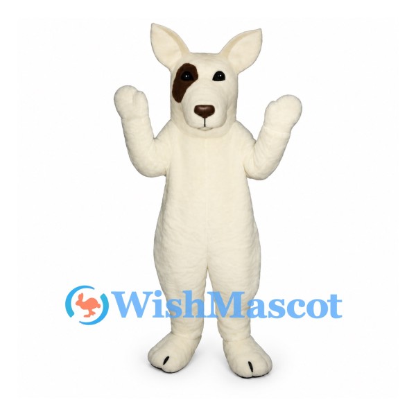 Dog Mascot Costume in White with Brown Eye Patch and Pointed Ears