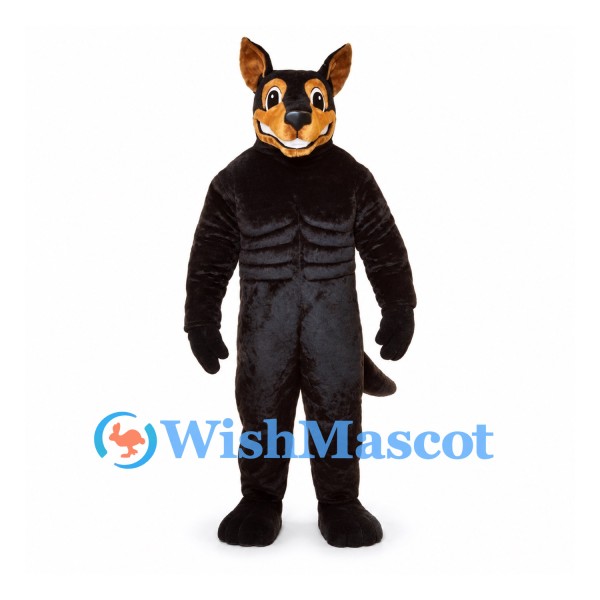 Doberman Dog Mascot Costume in Black and Tan with Pointed Ears