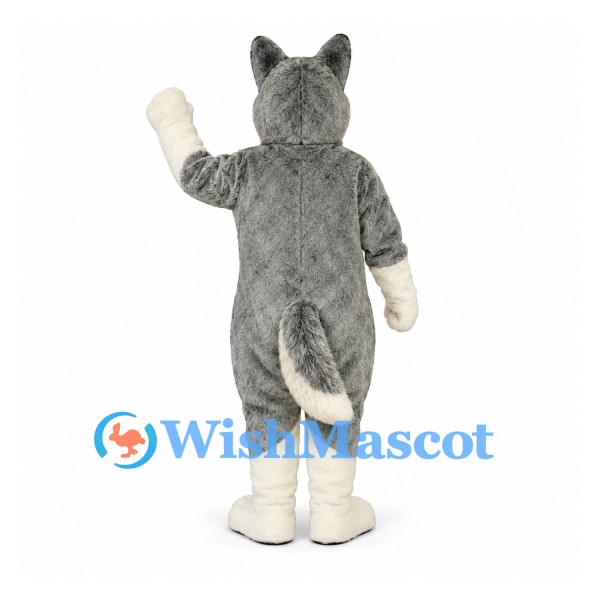 Husky Dog Mascot Costume in Gray with White Chest and Curled Tail