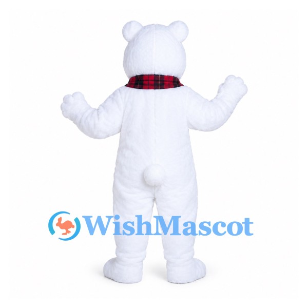 Bear Mascot Costume in White with Red Tartan Scarf