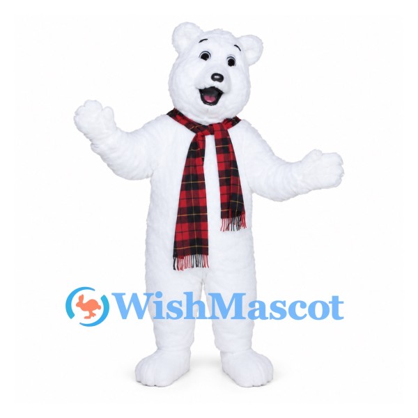 Bear Mascot Costume in White with Red Tartan Scarf