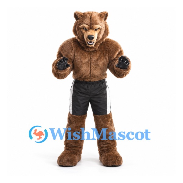 Bear Mascot Costume with Muscular Brown Body and Black Shorts