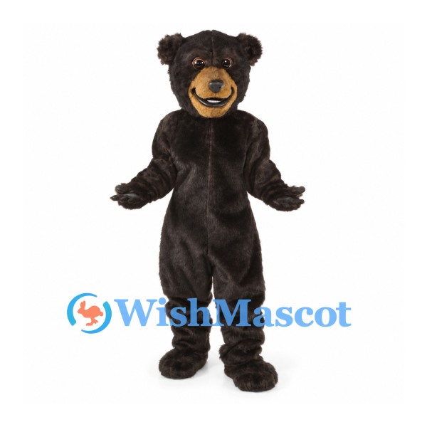 Bear Mascot Costume in Black with Tan Muzzle and Curly Head Fur