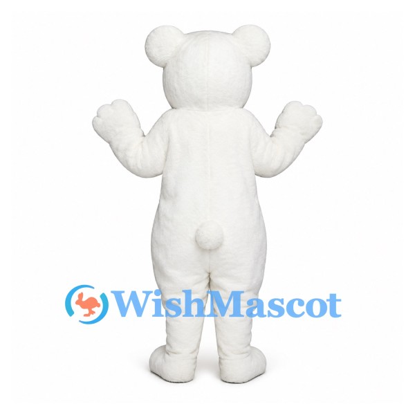 Bear Mascot Costume in White with Round Ears and Small Black Nose