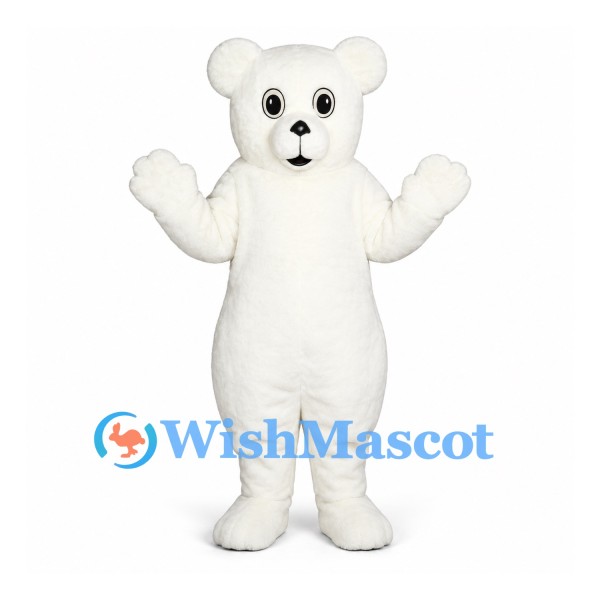 Bear Mascot Costume in White with Round Ears and Small Black Nose