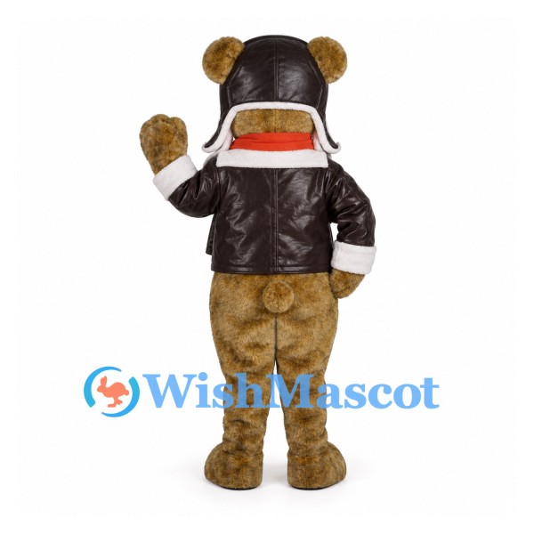 Bear Mascot Costume with Aviator Jacket and Red Scarf