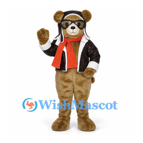 Bear Mascot Costume with Aviator Jacket and Red Scarf