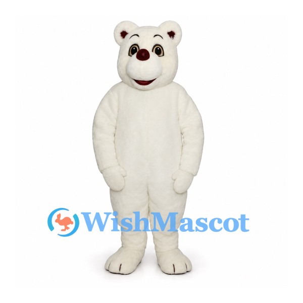 Bear Mascot Costume in White with Rounded Body and Brown Nose