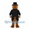 Bear Mascot Costume with Black Tailcoat and Blue Polka Dot Bow