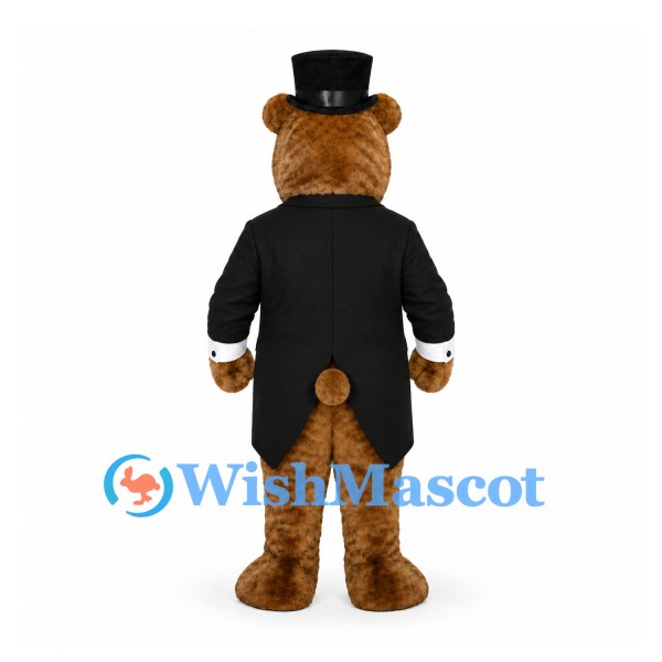 Bear Mascot Costume with Black Tailcoat and Blue Polka Dot Bow