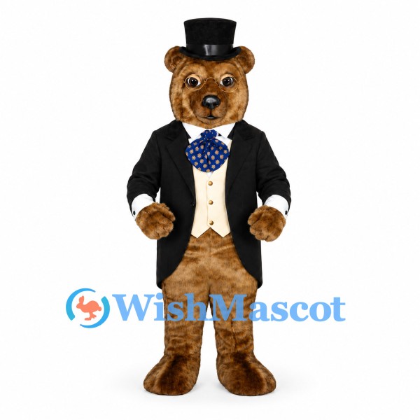 Bear Mascot Costume with Black Tailcoat and Blue Polka Dot Bow