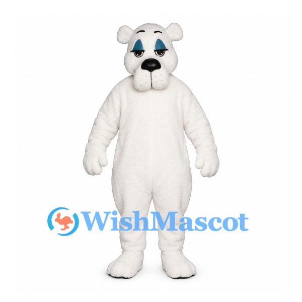 Bear Mascot Costume in White with Blue Eyes and Drooping Muzzle