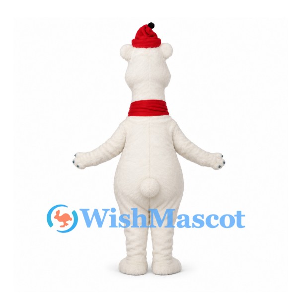 Bear Mascot Costume in White with Red Santa Hat and Scarf