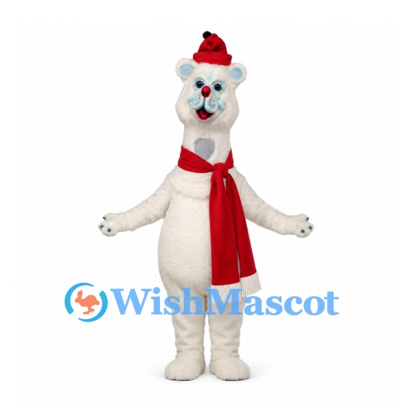 Bear Mascot Costume in White with Red Santa Hat and Scarf