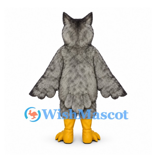 Owl Mascot Costume in Gray with Feather Pattern and Yellow Feet