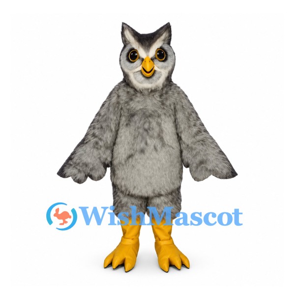 Owl Mascot Costume in Gray with Feather Pattern and Yellow Feet