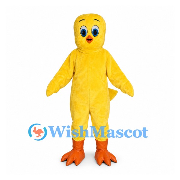 Chick Mascot Costume in Yellow with Blue Eyes and Orange Feet