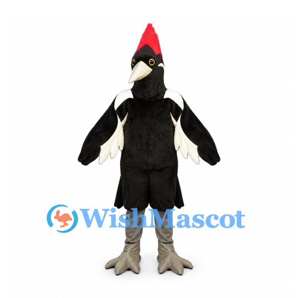 Woodpecker Mascot Costume in Black and White with Red Crest