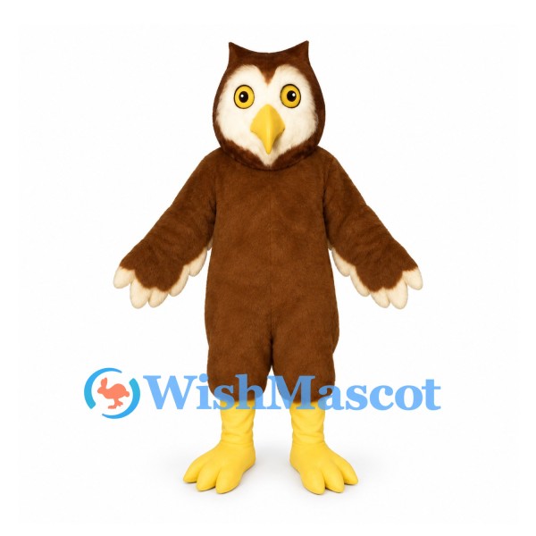 Owl Mascot Costume in Brown with Cream Face and Yellow Feet