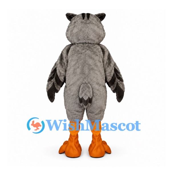 Owl Mascot Costume in Gray with White Belly and Orange Feet