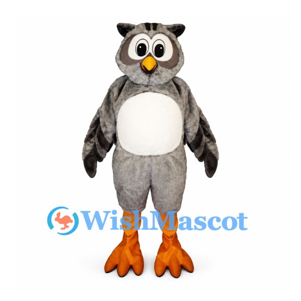 Owl Mascot Costume in Gray with White Belly and Orange Feet