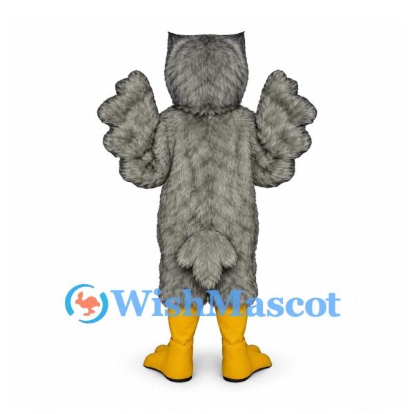 Owl Mascot Costume in Gray with Feathered Wings and White Face