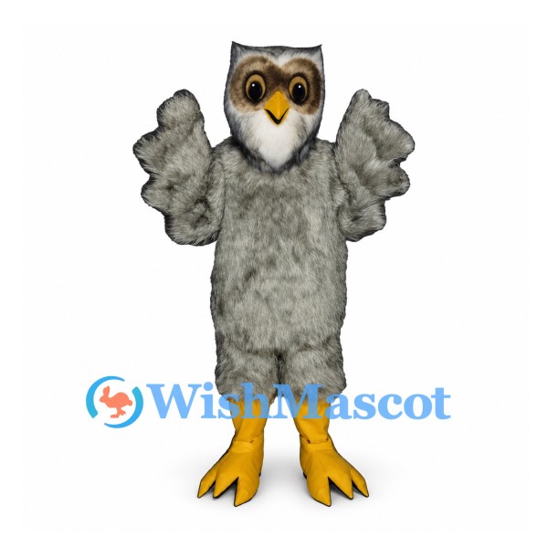 Owl Mascot Costume in Gray with Feathered Wings and White Face