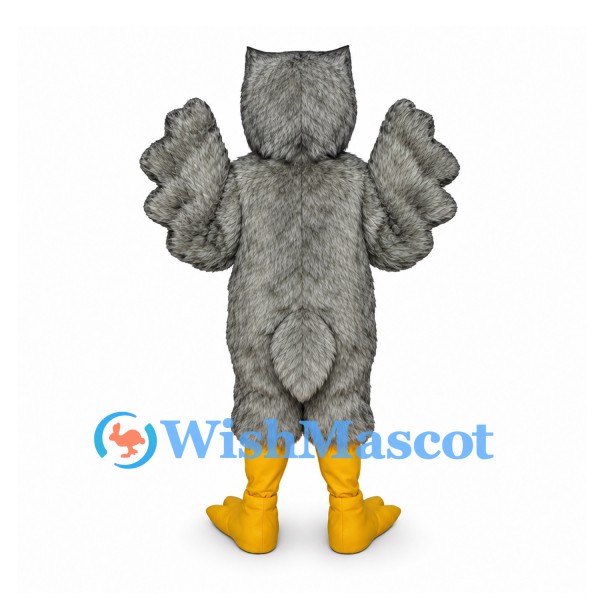 Owl Mascot Costume in Gray with Broad Feathered Wings