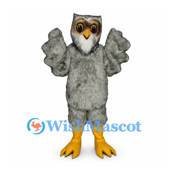 Owl Mascot Costume in Gray with Broad Feathered Wings