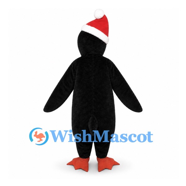 Penguin Mascot Costume with Red Santa Hat and Bow Tie