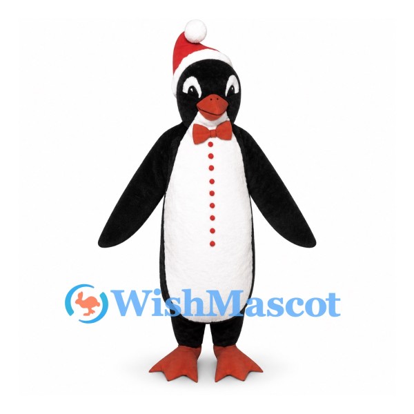Penguin Mascot Costume with Red Santa Hat and Bow Tie