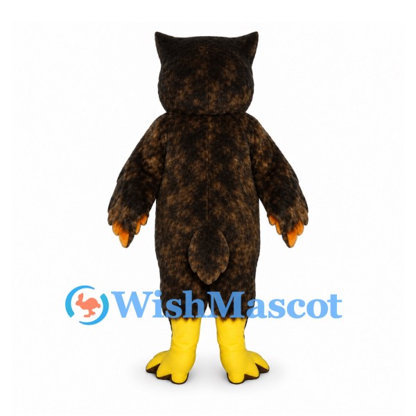 Owl Mascot Costume in Dark Brown with Orange Belly and Green Eyes