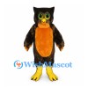 Owl Mascot Costume in Dark Brown with Orange Belly and Green Eyes