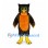 Owl Mascot Costume in Dark Brown with Orange Belly and Green Eyes