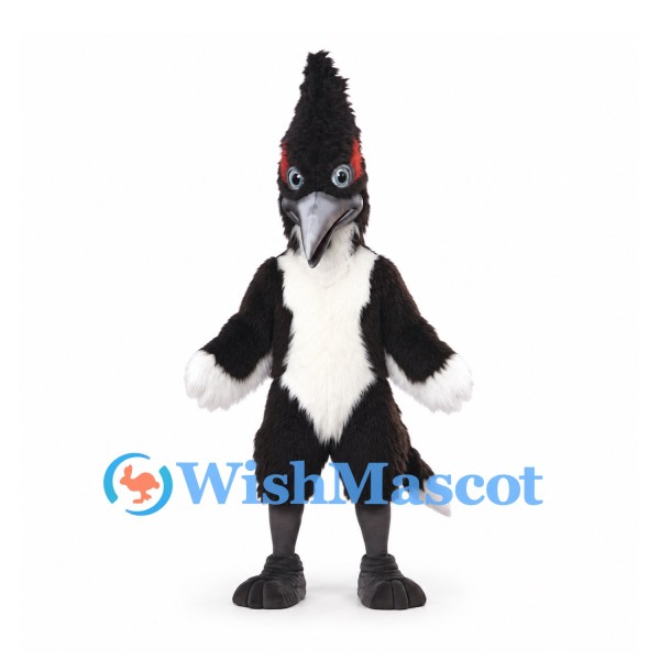 Woodpecker Mascot Costume in Black with White Belly and Tall Crest