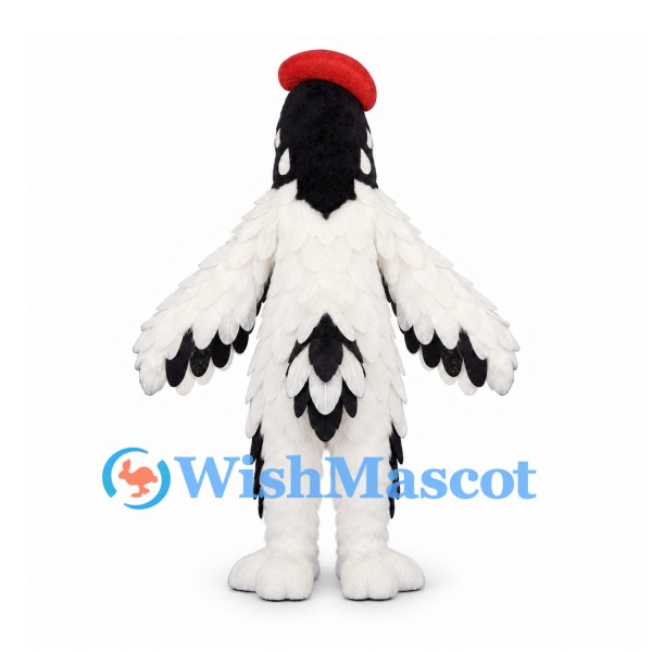 Woodpecker Mascot Costume in White with Black Head and Red Crest