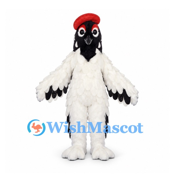Woodpecker Mascot Costume in White with Black Head and Red Crest