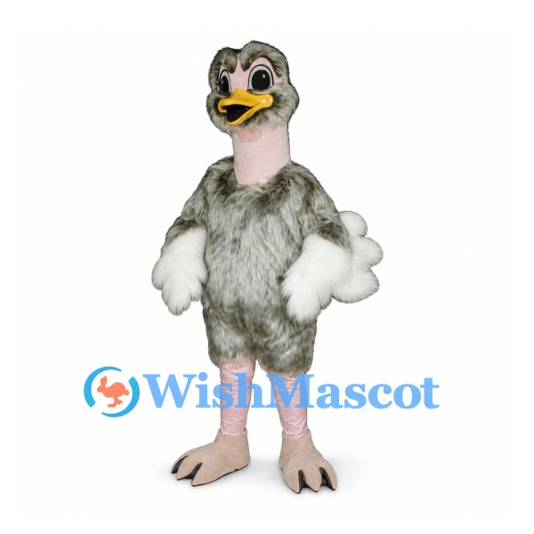 Ostrich Mascot Costume in Gray with Pink Neck and Long Legs