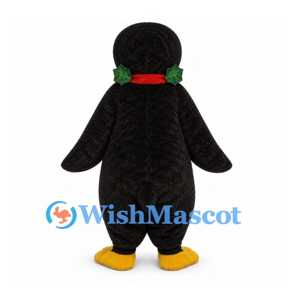 Penguin Mascot Costume with Red Scarf and Holly Collar