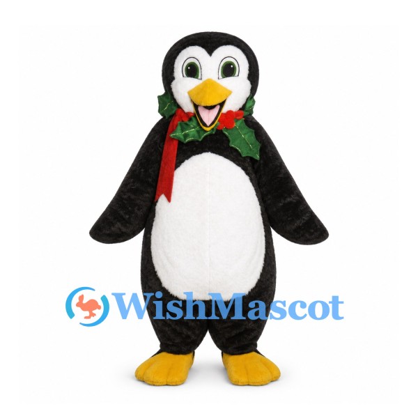 Penguin Mascot Costume with Red Scarf and Holly Collar