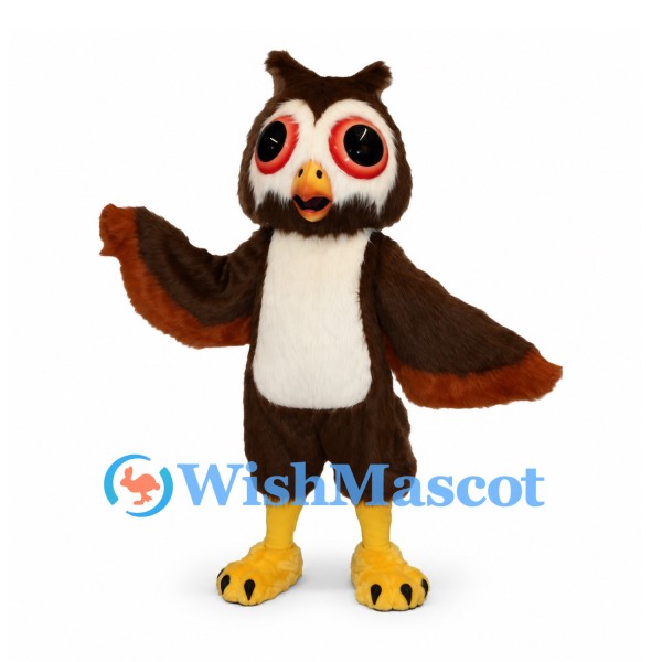 Owl Mascot Costume in Brown with Cream Belly and Red Eye Rings