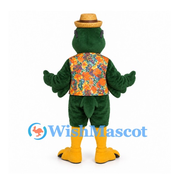 Parrot Mascot Costume with Floral Shirt and Straw Hat