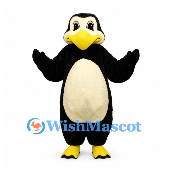 Penguin Mascot Costume in Black with Cream Belly and Yellow Beak