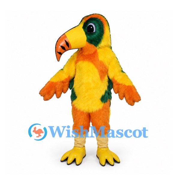 Parrot Mascot Costume in Orange and Yellow with Green Back