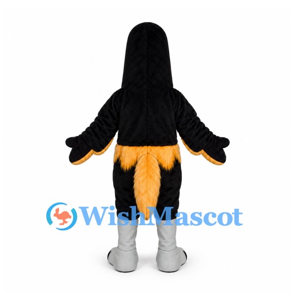 Bird Mascot Costume in Black with Gold Tail and Gray Legs