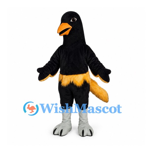 Bird Mascot Costume in Black with Gold Tail and Gray Legs