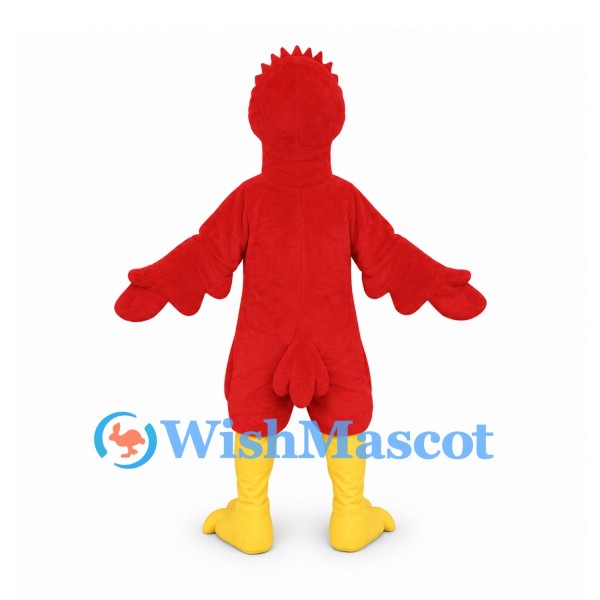 Bird Mascot Costume in Red with Yellow Beak and Feathered Crest