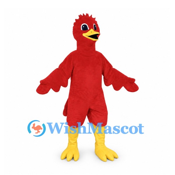 Bird Mascot Costume in Red with Yellow Beak and Feathered Crest