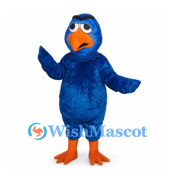 Bird Mascot Costume in Blue with Orange Beak and Headphones