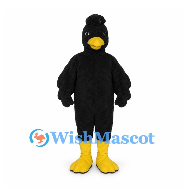 Bird Mascot Costume in Black with Yellow Beak and Head Tuft